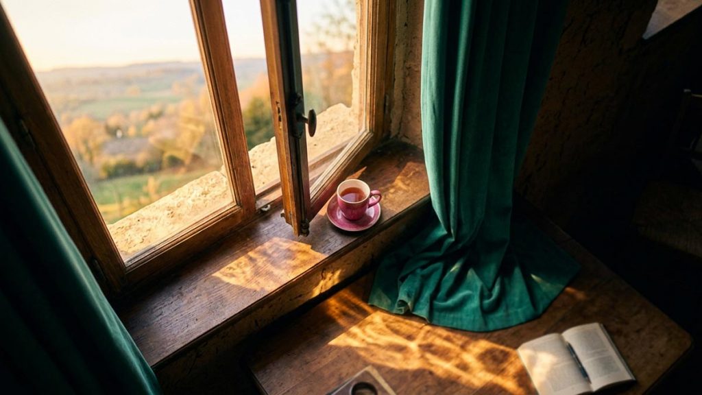 A still-life of an opening window letting morning light spill across a table, illustrating the Dua for Ease.