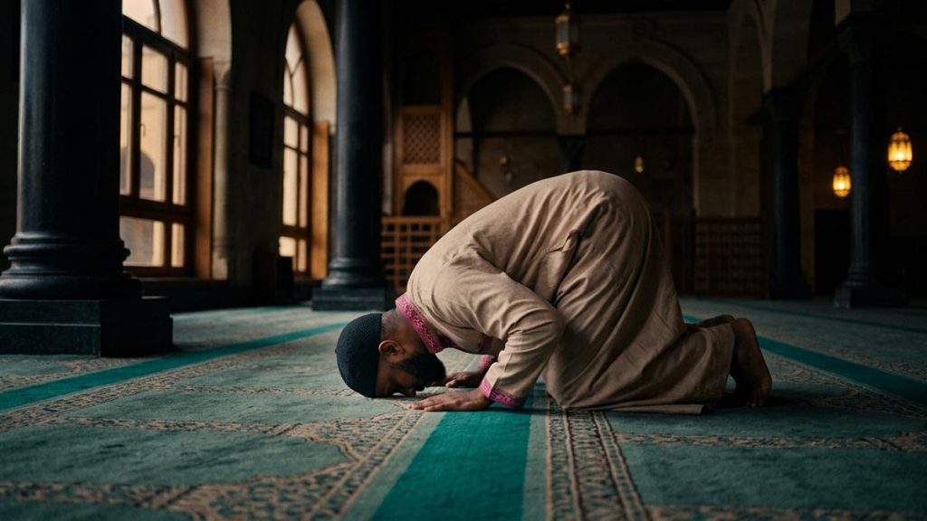 A Muslim man in a mosque hall as daylight dims during an eclipse, an opening scene for the Dua for Eclipse Prayer.