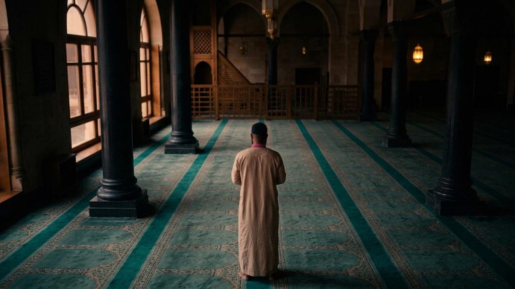 A Muslim man seen from behind in a mosque hall as daylight dims during an eclipse, reflecting the Dua for Eclipse Prayer.