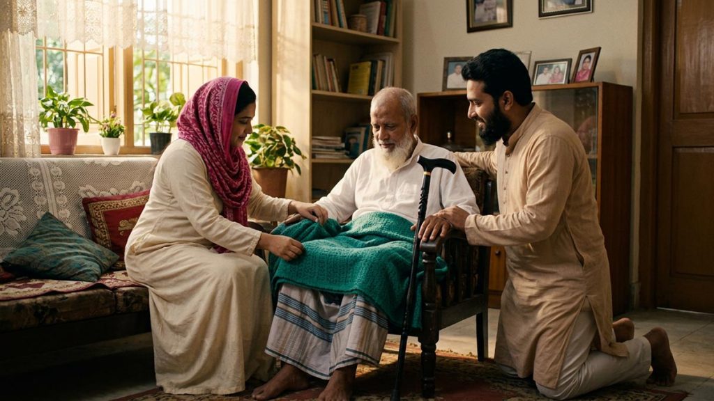A Muslim family in a sitting room where an adult child cares for an elderly parent, an opening scene for the Dua for Elderly Parents.