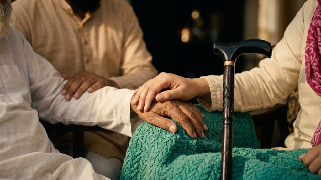 Close view of a Muslim family's hands and the elderly parent's walking stick during the Dua for Elderly Parents.