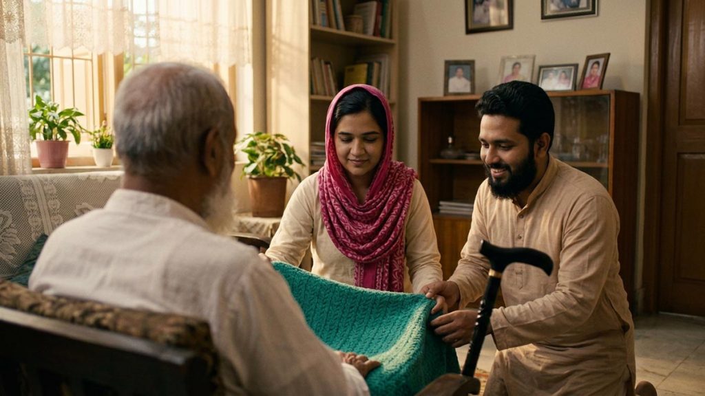 A Muslim family seen from behind in a sitting room where an adult child cares for an elderly parent, reflecting the Dua for Elderly Parents.