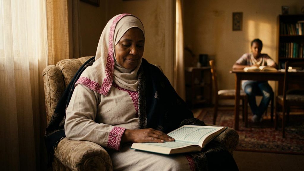 A Muslim woman in a quiet room where someone sits with an open Quran, an opening scene for the Dua for Emotional Healing.
