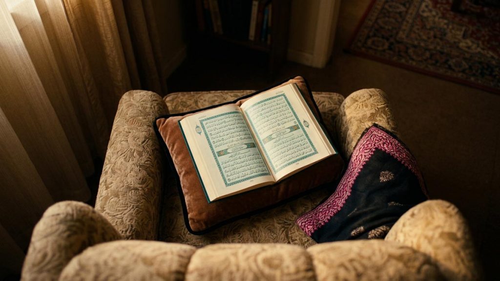 A still-life of an open Quran resting on a cushion beside a folded shawl, illustrating the Dua for Emotional Healing.