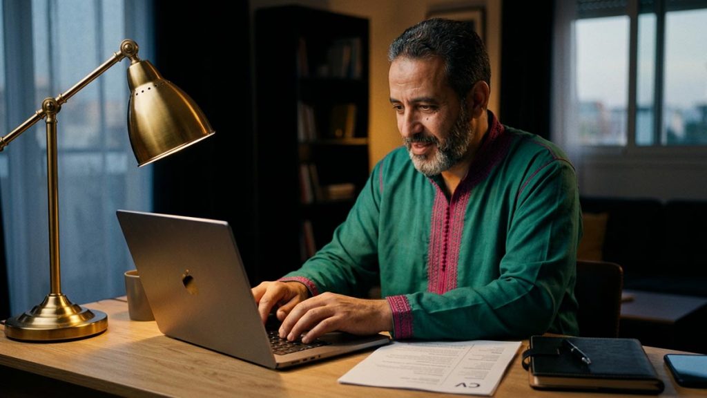 A Muslim man at a desk where a job application is being completed, an opening scene for the Dua for Employment.