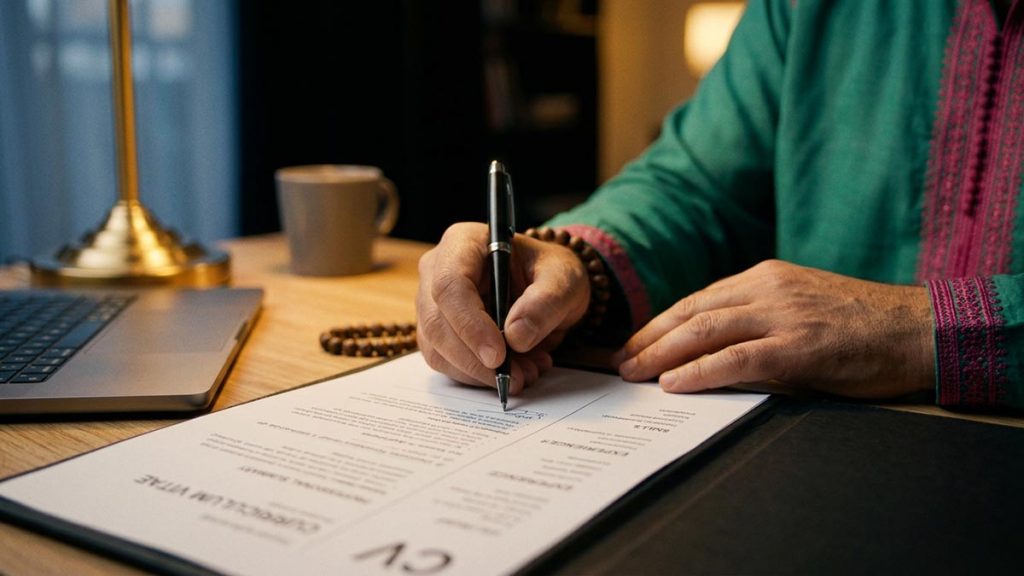 Close view of a Muslim man's hands and the printed CV during the Dua for Employment.