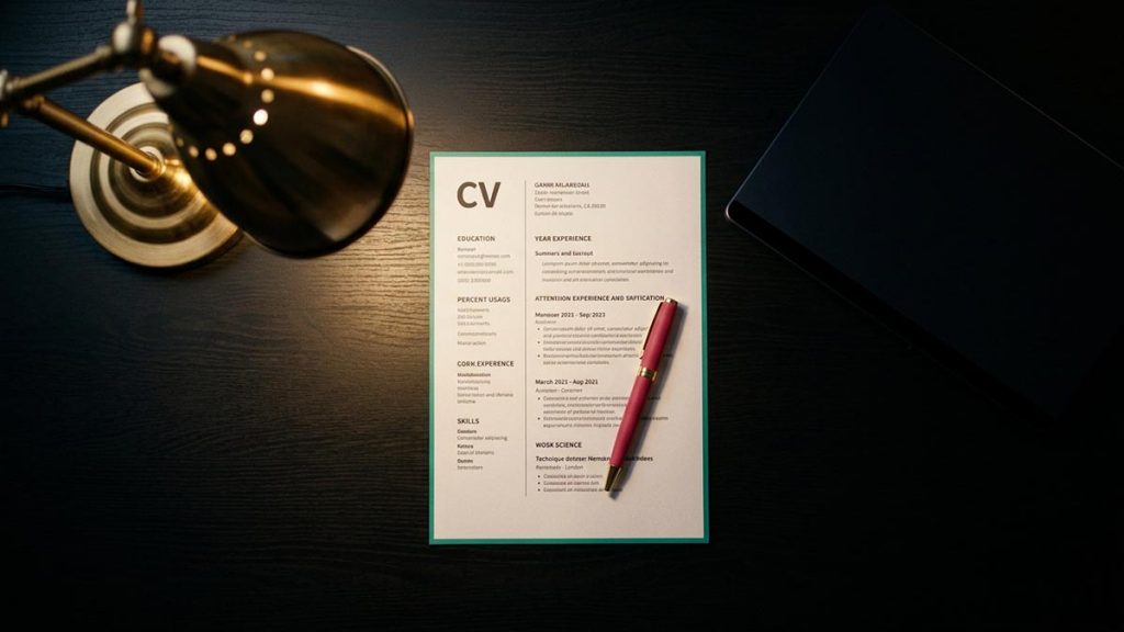 A still-life of a printed CV, a pen and a laptop on a desk, illustrating the Dua for Employment.