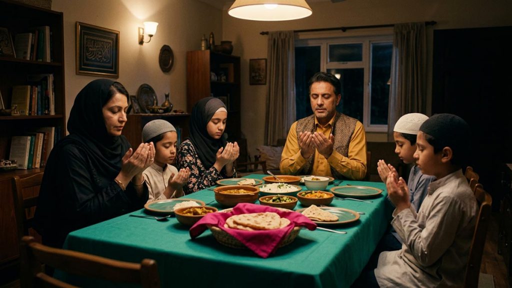 A Muslim family at a family table laid with a shared simple meal, an opening scene for the Dua for Family Barakah.