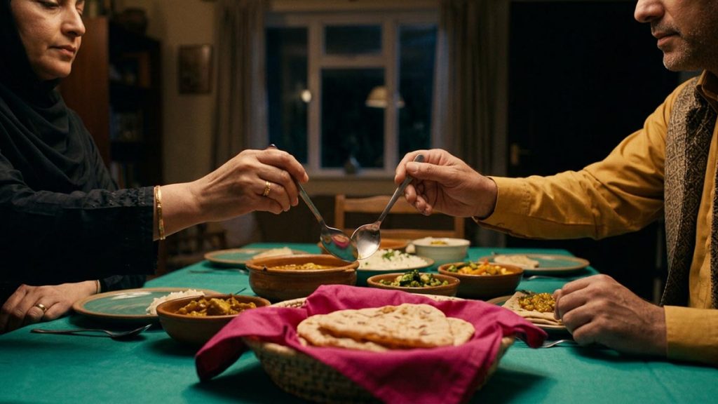 Close view of a Muslim family's hands and the shared platter of food during the Dua for Family Barakah.