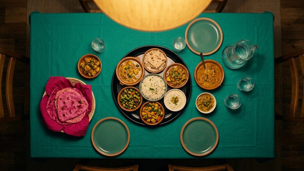 A still-life of a shared platter of food, bread and a jug of water on a family table, illustrating the Dua for Family Barakah.