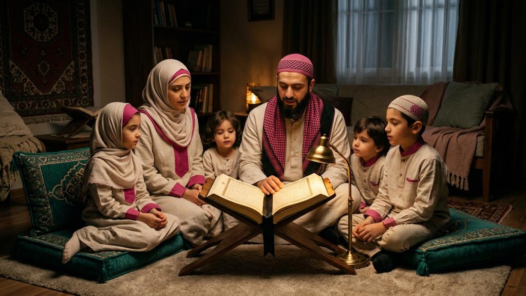 A Muslim family in a family sitting room around an open Quran, an opening scene for the Dua for Family Guidance.