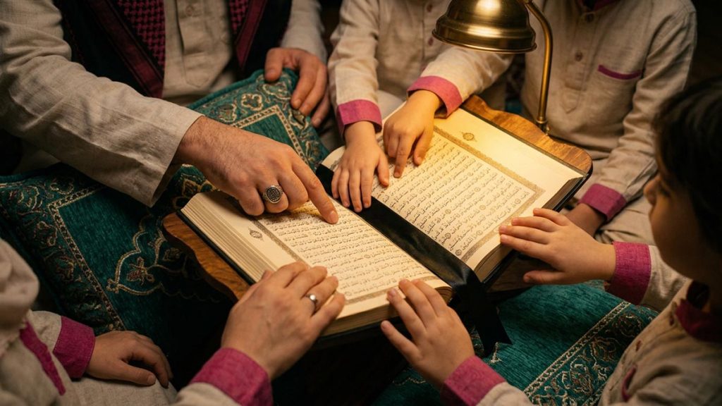Close view of a Muslim family's hands and the open Quran during the Dua for Family Guidance.