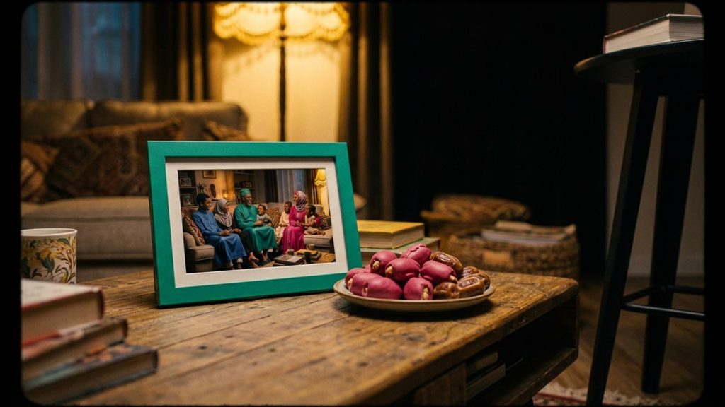 A still-life of a family photograph frame and a shared plate of dates on a low table, illustrating the Dua for Family Unity.