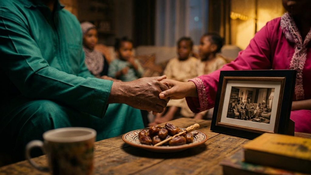Close view of a Muslim family's hands and the family photograph frame and a shared plate of dates during the Dua for Family Unity.