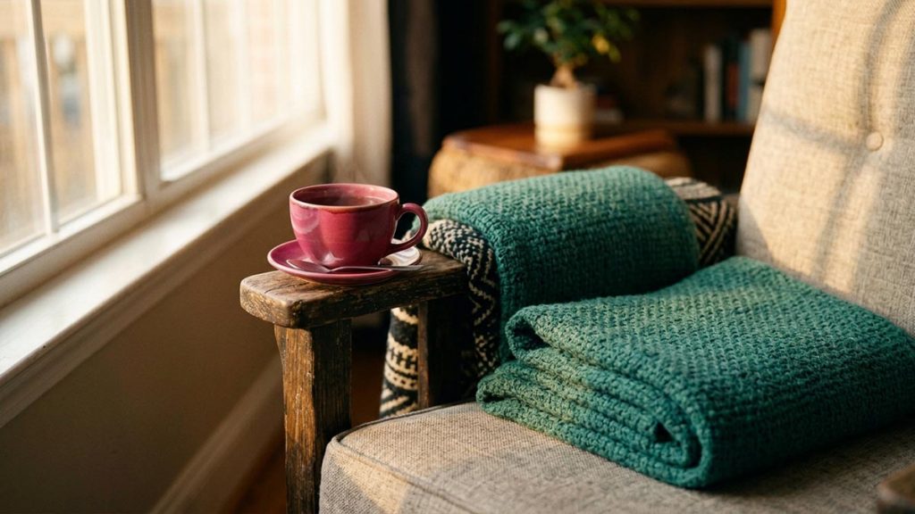 A still-life of an armchair with a folded throw and a cup of tea in afternoon light, illustrating the Dua for Fatigue.