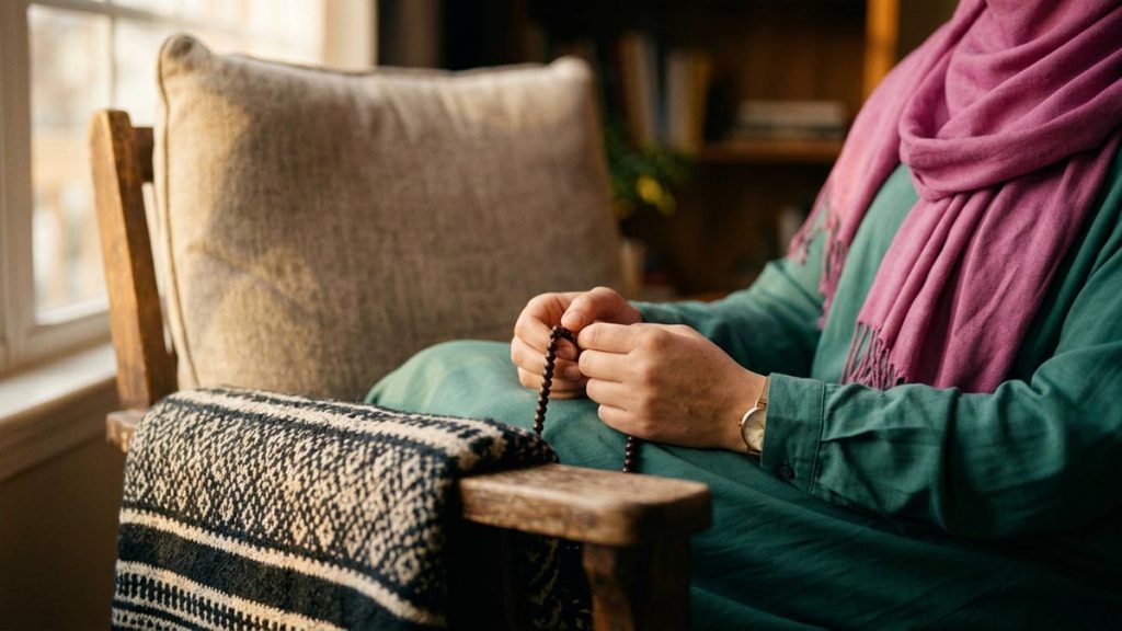 Close view of a Muslim woman's hands and the armchair during the Dua for Fatigue.