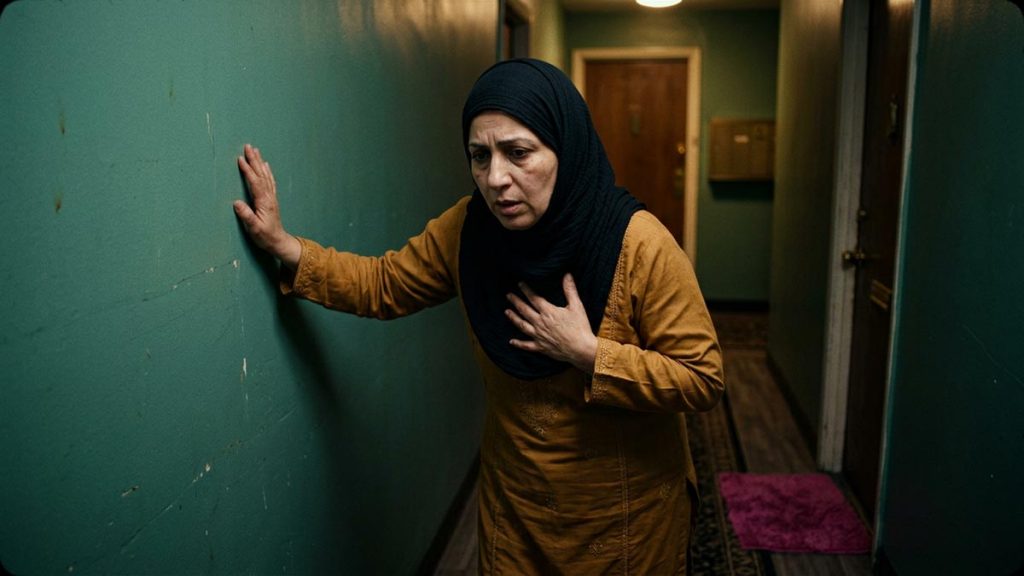 A Muslim woman in a dim hallway where someone steadies themselves, an opening scene for the Dua for Fear.