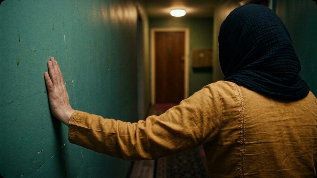 A Muslim woman seen from behind in a dim hallway where someone steadies themselves, reflecting the Dua for Fear.