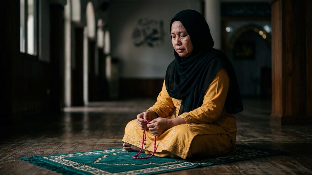 A Muslim woman seated on a prayer mat immediately after the prayer, an opening scene for the Dua for Forgiveness After Salah.