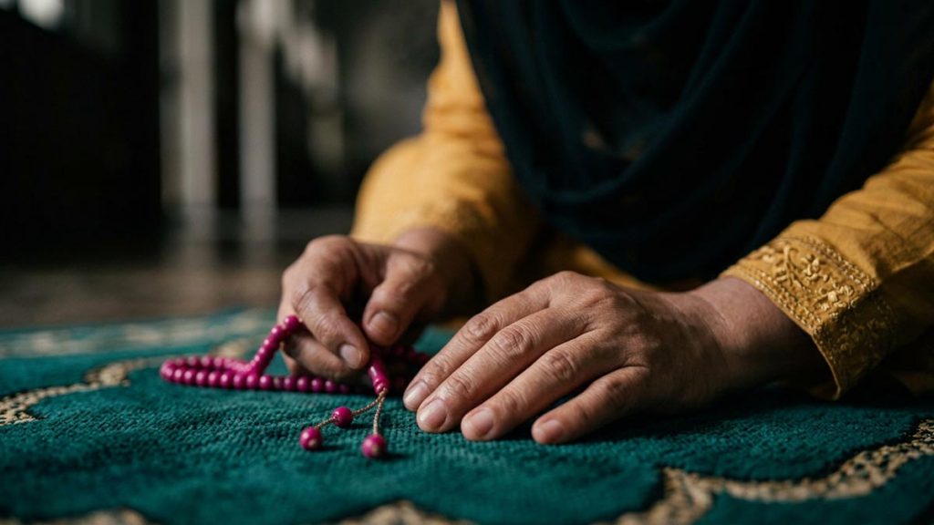 Close view of a Muslim woman's hands and the prayer beads during the Dua for Forgiveness After Salah.