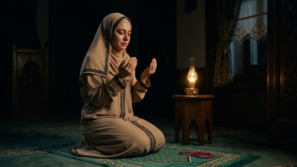 A Muslim woman on a prayer mat in the last hours of the night, an opening scene for the Dua for Forgiveness.