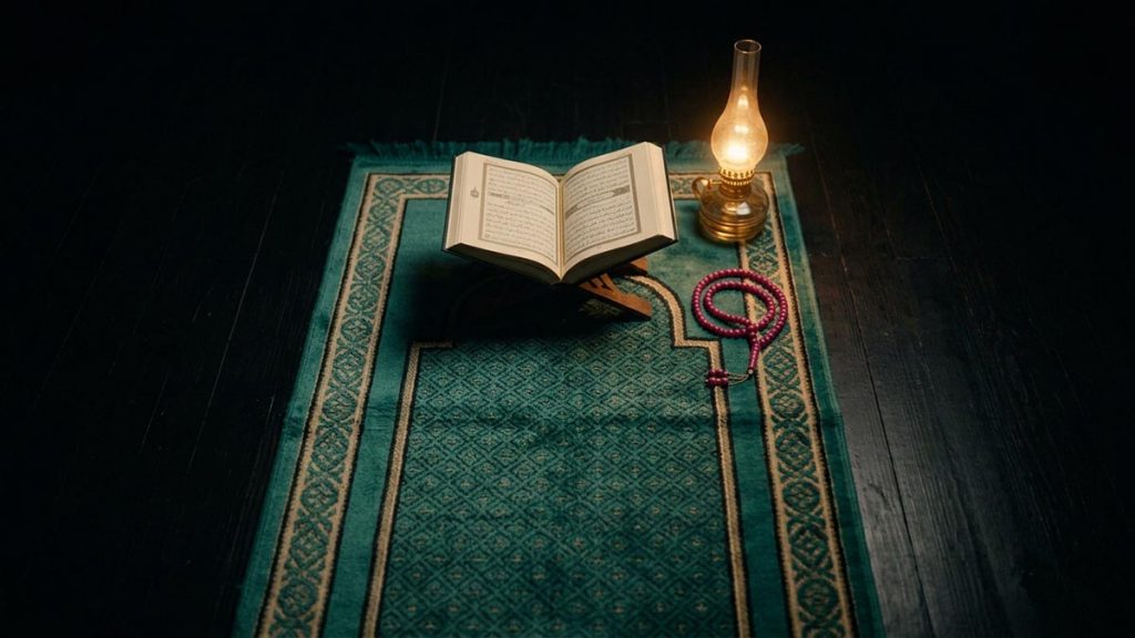 A still-life of a prayer mat with an open Quran and prayer beads in the dark of night, illustrating the Dua for Forgiveness.