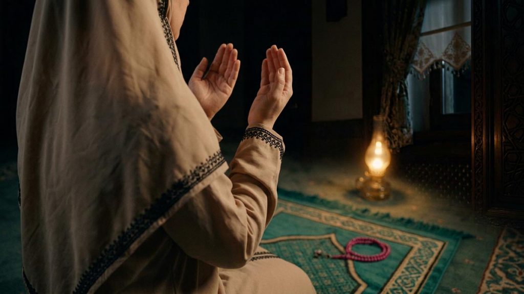 A Muslim woman seen from behind on a prayer mat in the last hours of the night, reflecting the Dua for Forgiveness.