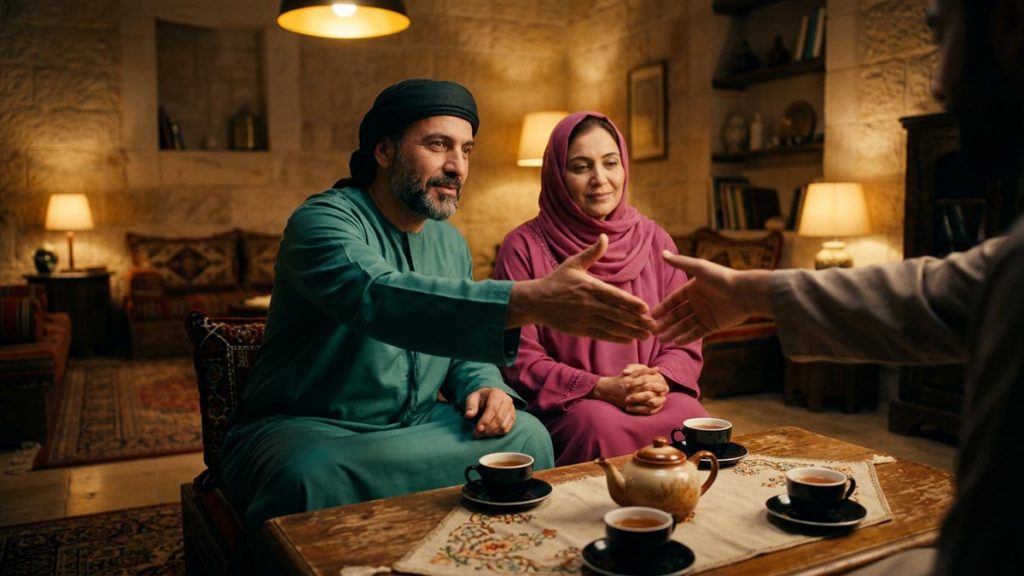A Muslim family in a sitting room where a hand is extended in peace, an opening scene for the Dua for Forgiving Others.
