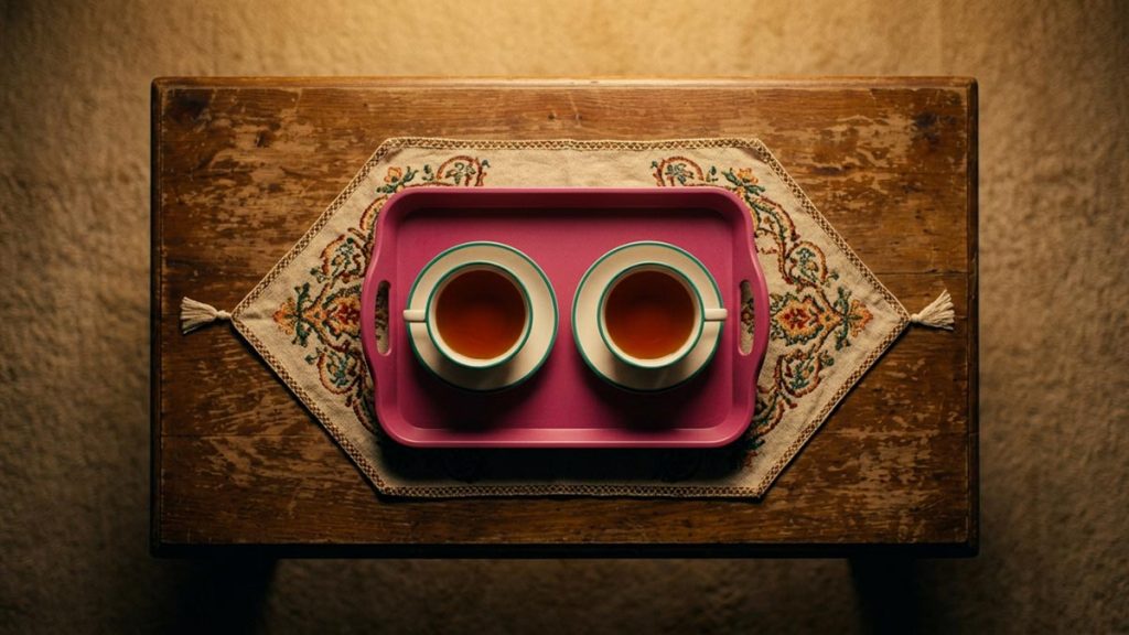 A still-life of two cups of tea placed side by side on a low table, illustrating the Dua for Forgiving Others.