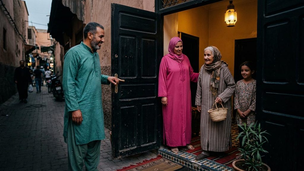 A Muslim family at a doorway where a kindness is quietly done, an opening scene for the Dua for Good Character.