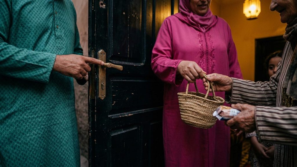 Close view of a Muslim family's hands and the held-open door during the Dua for Good Character.