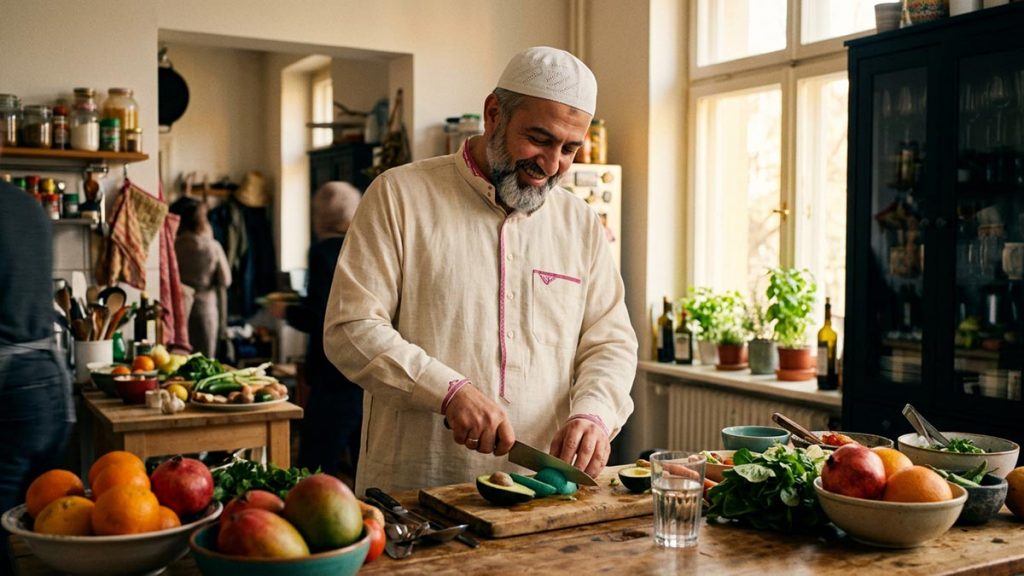 A Muslim man in a bright kitchen with fresh food on the counter, an opening scene for the Dua for Good Health.
