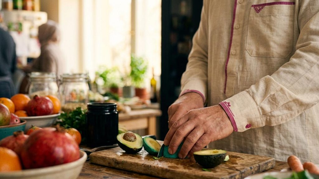 Close view of a Muslim man's hands and the fresh fruit during the Dua for Good Health.