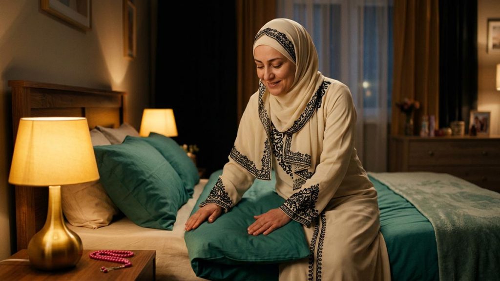 A Muslim woman in a bedroom prepared calmly for the night, an opening scene for the Dua for Good Sleep.
