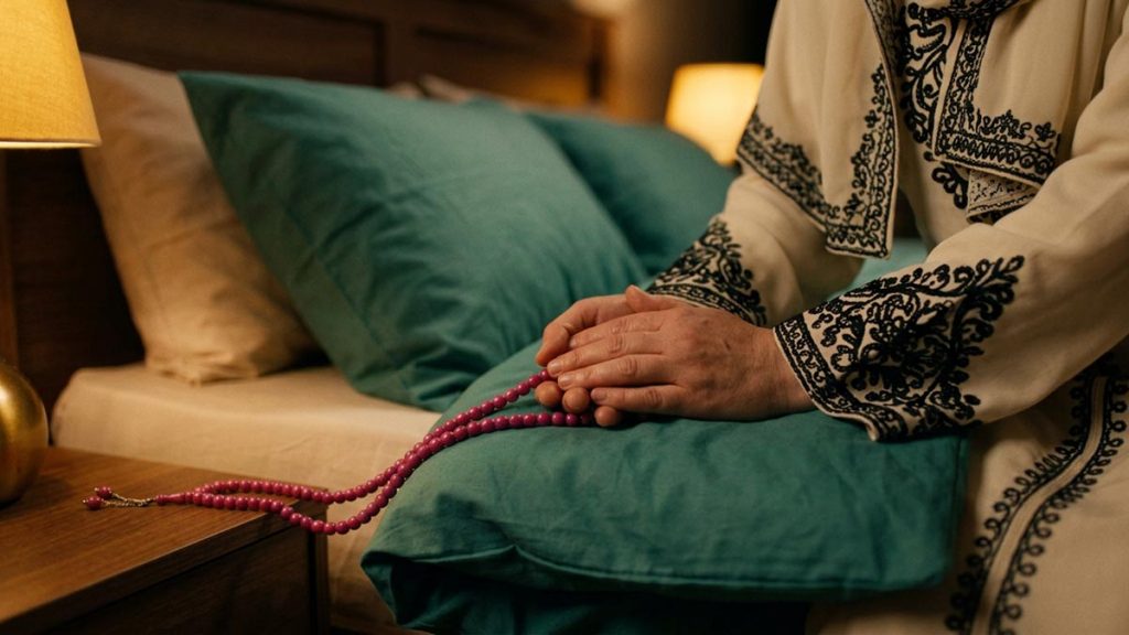 Close view of a Muslim woman's hands and the turned-down bedding during the Dua for Good Sleep.