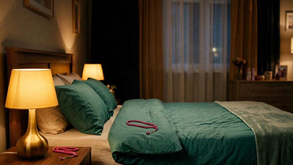 A still-life of turned-down bedding with prayer beads and a low lamp beside the pillow, illustrating the Dua for Good Sleep.