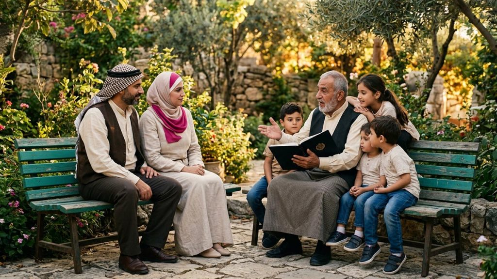 A Muslim family in a garden where a grandparent sits with grandchildren, an opening scene for the Dua for Grandchildren.
