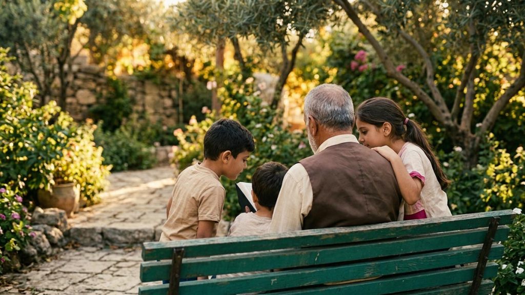A Muslim family seen from behind in a garden where a grandparent sits with grandchildren, reflecting the Dua for Grandchildren.