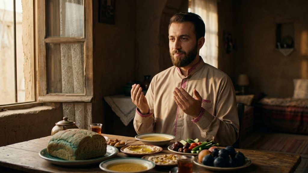 A Muslim man at a table laid with simple, plentiful food, an opening scene for the Dua for Gratitude.