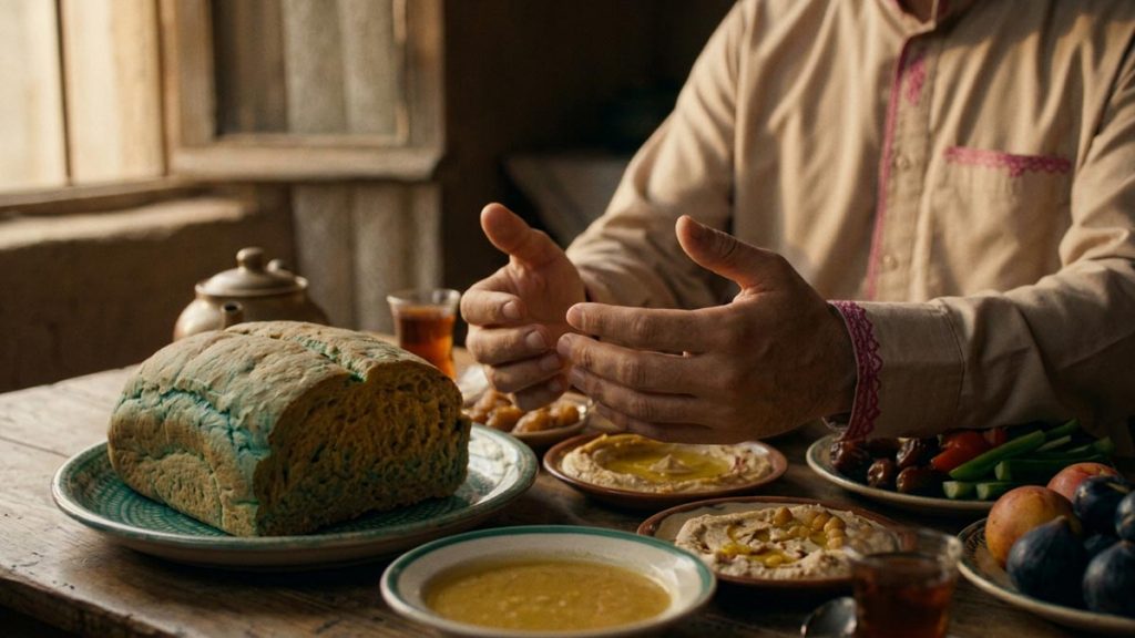 Close view of a Muslim man's hands and the fresh bread during the Dua for Gratitude.