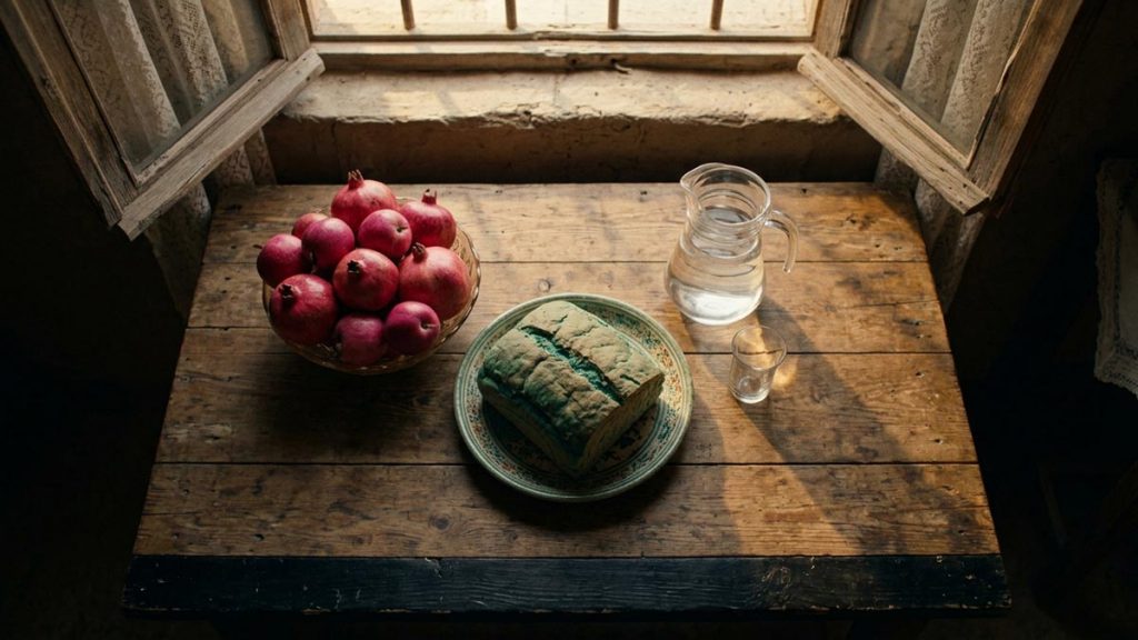 A still-life of fresh bread, fruit and a jug of water on a plain table, illustrating the Dua for Gratitude.