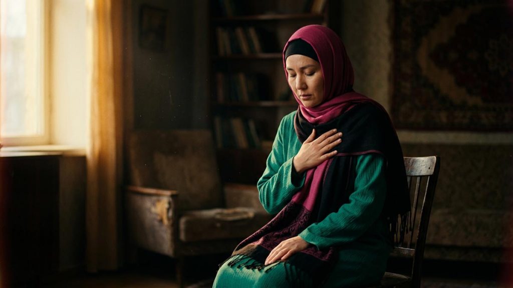 A Muslim woman in a quiet room where a grieving person sits alone, an opening scene for the Dua for Grief.