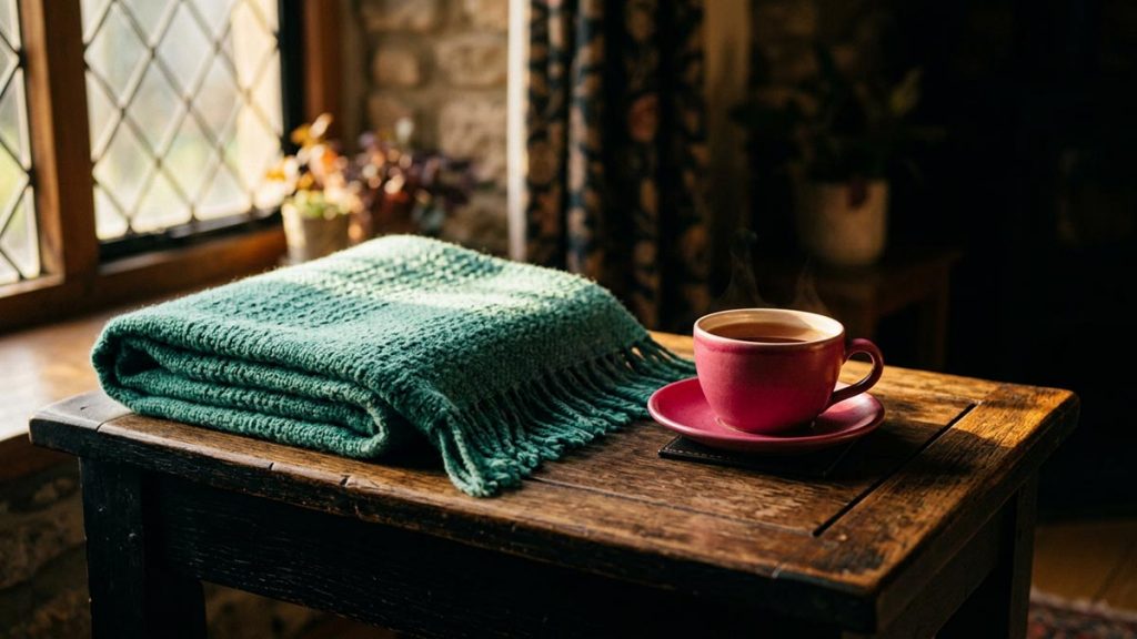 A still-life of a folded shawl and a cup of untouched tea on a low table, illustrating the Dua for Grief.