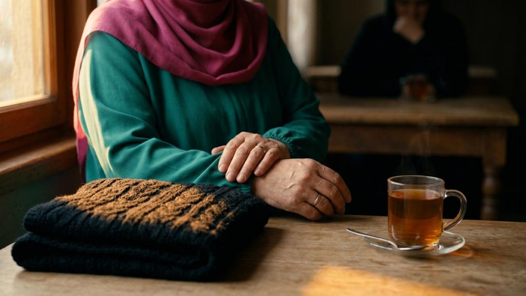 Close view of a Muslim woman's hands and the folded shawl and a cup of untouched tea during the Dua for Grief.