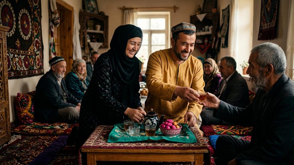 A Muslim family in a welcoming sitting room where guests are received, an opening scene for the Dua for Guests.
