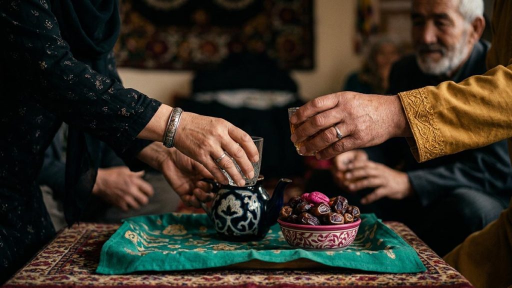 Close view of a Muslim family's hands and the tea tray during the Dua for Guests.