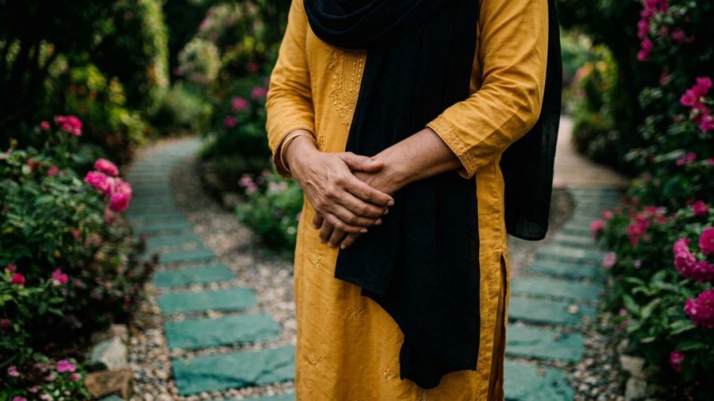 Close view of a Muslim woman's hands and the garden path dividing during the Dua for Guidance.