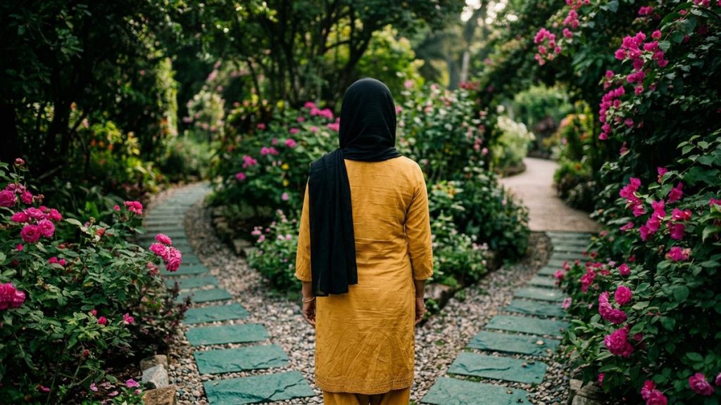 A Muslim woman seen from behind at a fork in a garden path in the early morning, reflecting the Dua for Guidance.