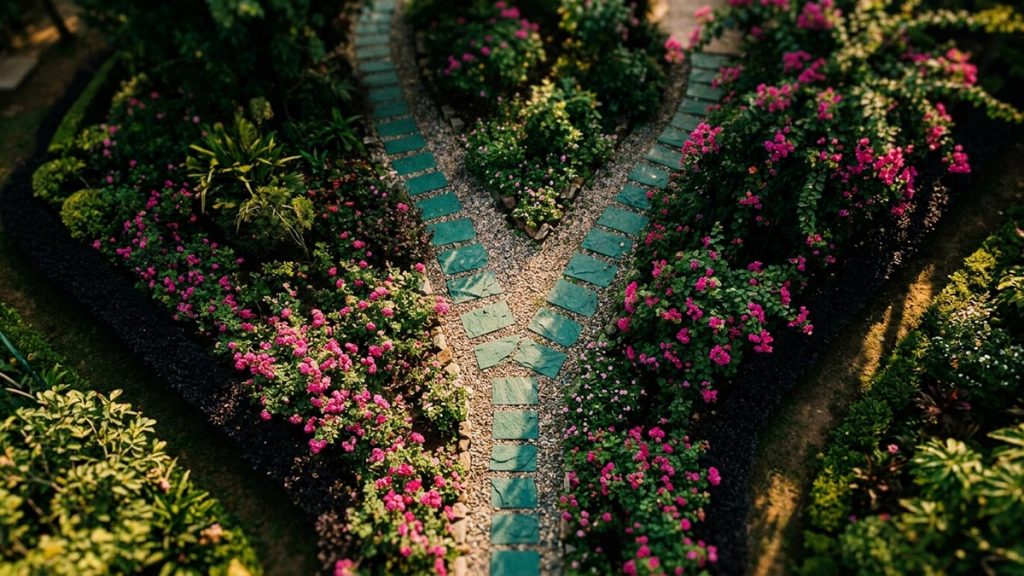 A still-life of a garden path dividing in two directions in morning light, illustrating the Dua for Guidance.