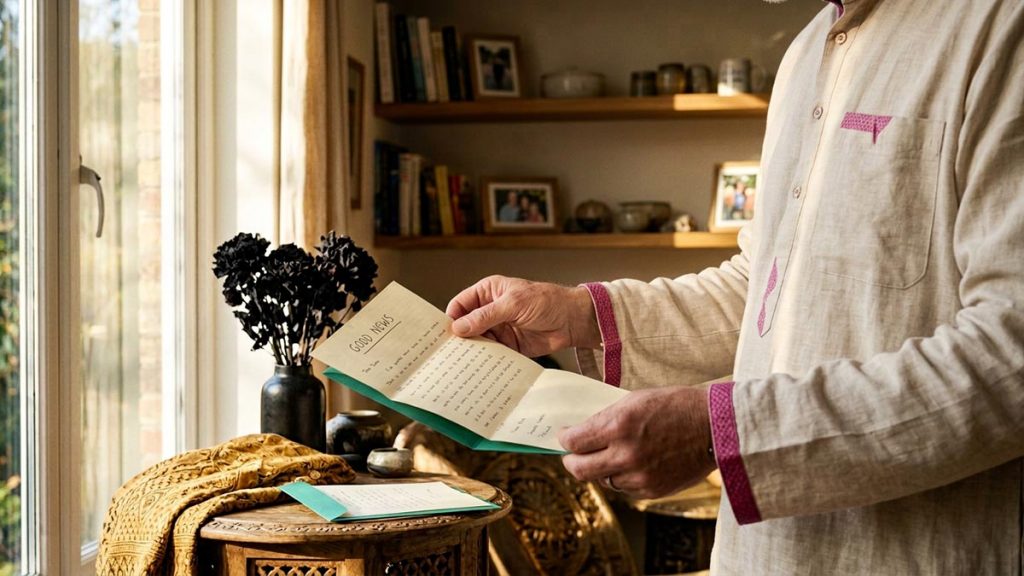 Close view of a Muslim man's hands and the opened letter of good news during the Dua for Happiness.